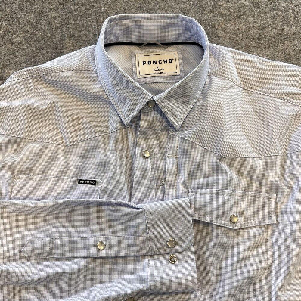 Poncho Men’s Pearl Snap Long Sleeve Lightweight Breathable Shirt Size XL Blue